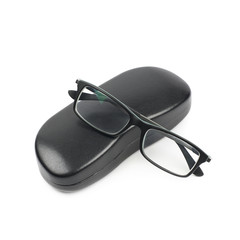 Black leather case for glasses isolated