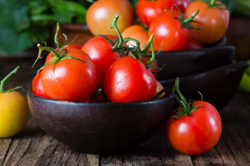 Ripe natural tomatoes with leaves in clay bowl