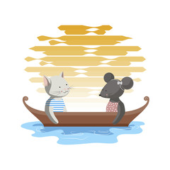 The illustration. The cat and the mouse sit in the evening in a boat on a lake against the setting sun.