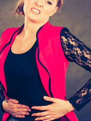 Woman with stomach ache.