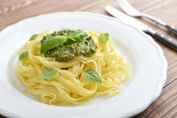 Tagliatelle pasta with pesto sauce