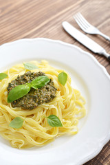 Tagliatelle pasta with pesto sauce