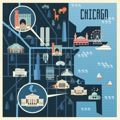 Vector illustration of map with landmarks of Chicago. Famous places, historical buildings, sightseeing and known museums. Flat style.