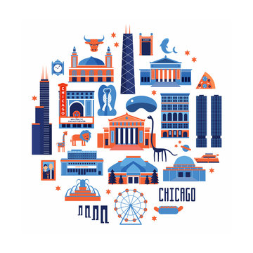 Blue and red vector set of Chicago' famous landmarks. Flat style designed historic buildings, sightseeing and known museums on white background.