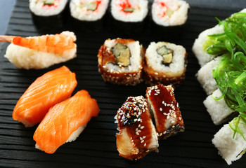 Sushi set on wooden board