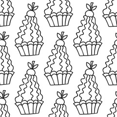 Black and white seamless pattern with cakes for coloring books.