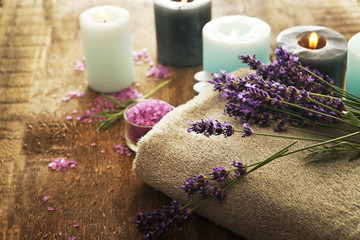 Obraz na płótnie Canvas Beautiful spa composition with lavender on wooden background