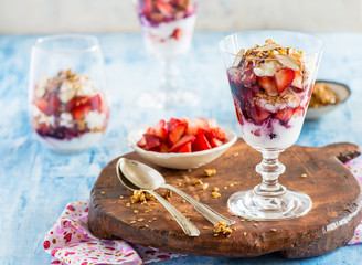 Yogurt with strawberries, nuts and flax seeds