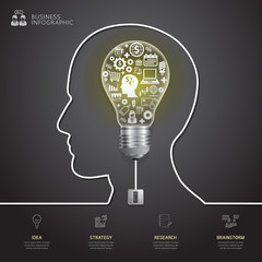 Creative success light bulb abstract infographic modern design. Cable with plug and an bulb form a profile of the person. thinking.