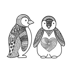 Naklejka premium Two penguins line art design for coloring book for adult , T - shirt design and other decorations