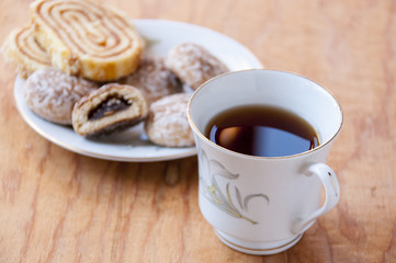 A cup of tea close-up on a background of sweet