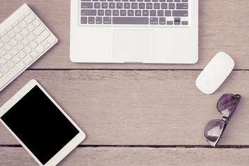 Creative flat lay of workspace desk with laptop