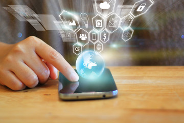 woman hand touch screen smart phone. Social media concept.