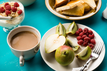 Breakfast table with various food
