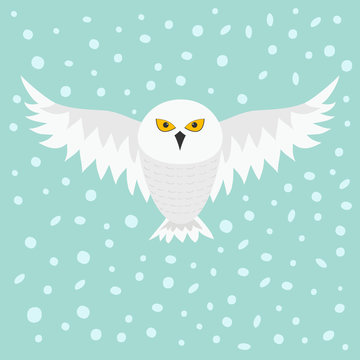 Snowy white owl. Flying bird with big wings. Yellow eyes. Arctic Polar animal collection. Baby education. Flat design. Isolated. Sky background snow and snowflake.