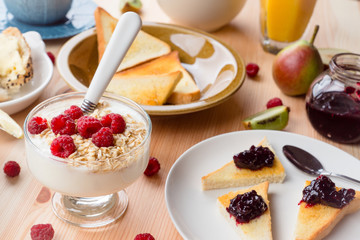Breakfast table with various food