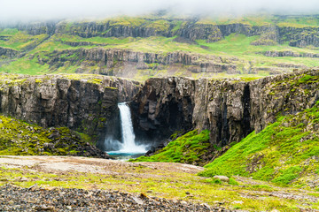 View of high waterfall in north Iceland