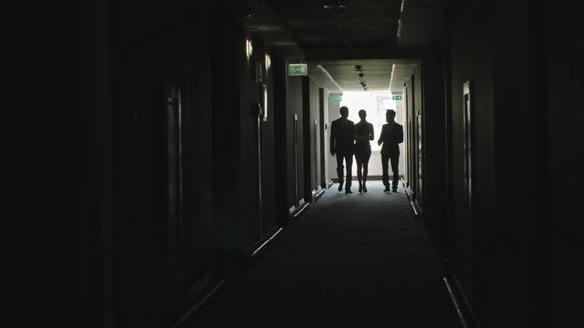 Woman and two men walking towards the camera through dark corridor in business center