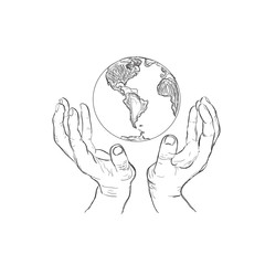 hands holding planet, sketch style, vector illustration