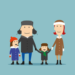Happy family in winter wear are walking together