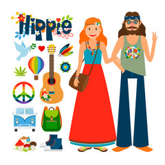 Hippie people vector. Hippie woman with long hair and man with guitar