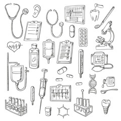 Medical checkup and treatments sketch icons