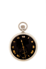 Vintage pocket watch with a black dial.
