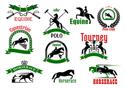 Horses with riders icons for equestrian design