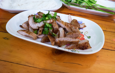 grilled barbecue pork belly on dish,grilled of pork