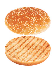 Grilled burger bun isolated on white background.
