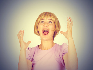 success concept - successful young blonde girl winning