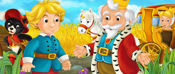 Cartoon scene with royal pair driving through the pastures meeting prince and a cat - illustration...