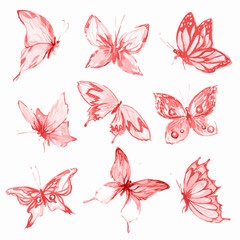 Fototapeta premium Watercolor butterflies set. Pink and red butterflies on white background. Beautiful fragile creatures for decoration.