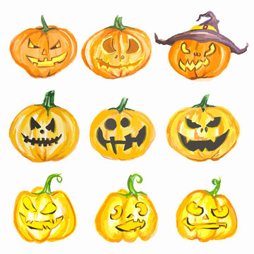 Watercolor halloween pumpkin set. Pumpkins with scary faces. Fall or autumn holiday and harvest celebration.