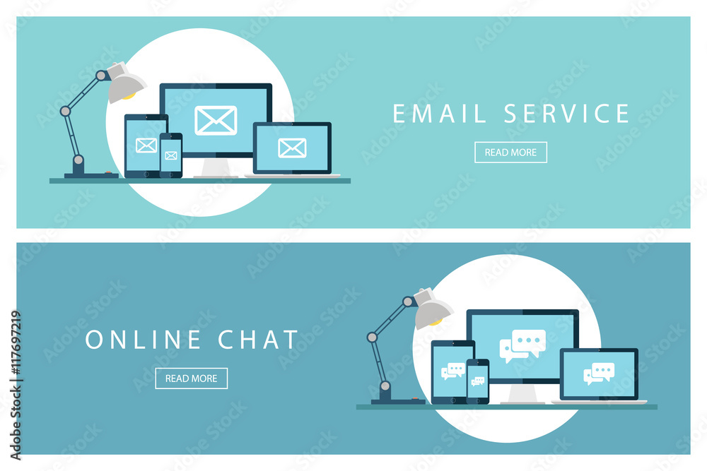 Poster Set of flat design concepts Email service and Online chat. Banners for web design, marketing and promotion. Presentation templates. Vector illustration.