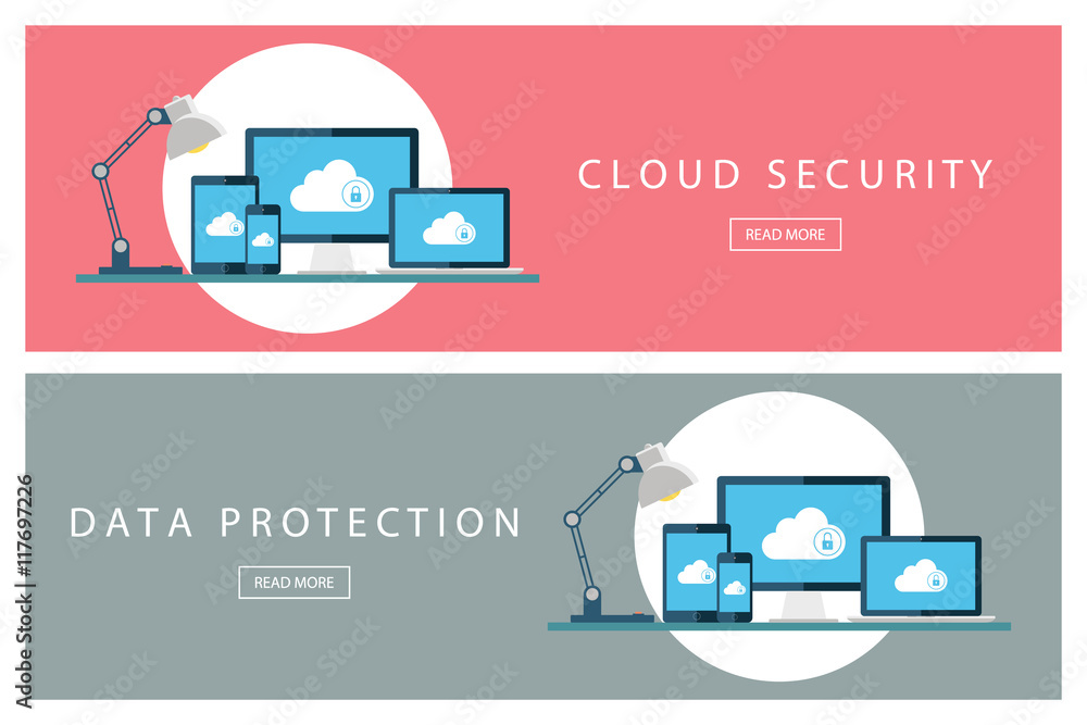 Poster Set of flat design illustration concepts Cloud security and Data protection. Banners for web design, marketing and promotion. Presentation templates. Vector illustration.