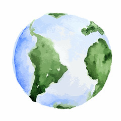 Watercolor planet Earth. Isolated planet on white background. Global ecology, environment and science.