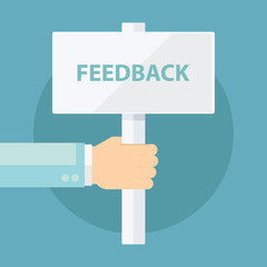 Male hand holding Feedback signboard. Flat design vector illustration.