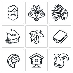Vector Set of Life on Desert Island Icons. Robinson Crusoe, Friday, Sailing, Palma, Roman, Parrot, Hut, Goat.