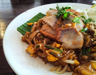 Thai style noodle with fresh shrimp , Pad thai , Thailand
