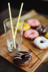 Chocolate donut with glass close up