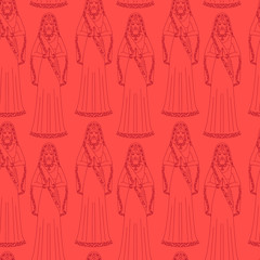 South Asia beautiful woman wearing indian traditional cloth, hinduism costume, girl in sari seamless pattern