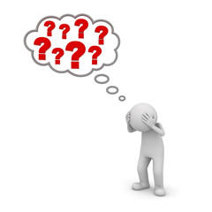 3d man standing and thinking with red question marks in thought bubble above his head concept isolated over white background 3D rendering