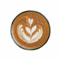 Latte art coffee from top view isolated on white background