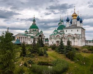 Fototapeta na wymiar Courtyard of monastery of St. Jacob Savior. The buildings are Cathedral of Conception of St Anna, Savior Transfiguration Cathedral and Cathedral of St Dmitry of Rostov.