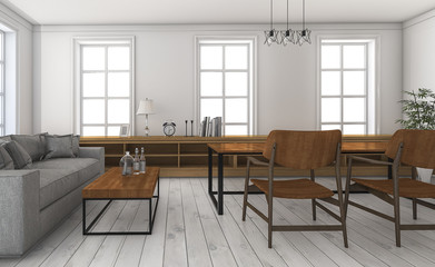 3d rendering wood furniture in loft style room with dining table