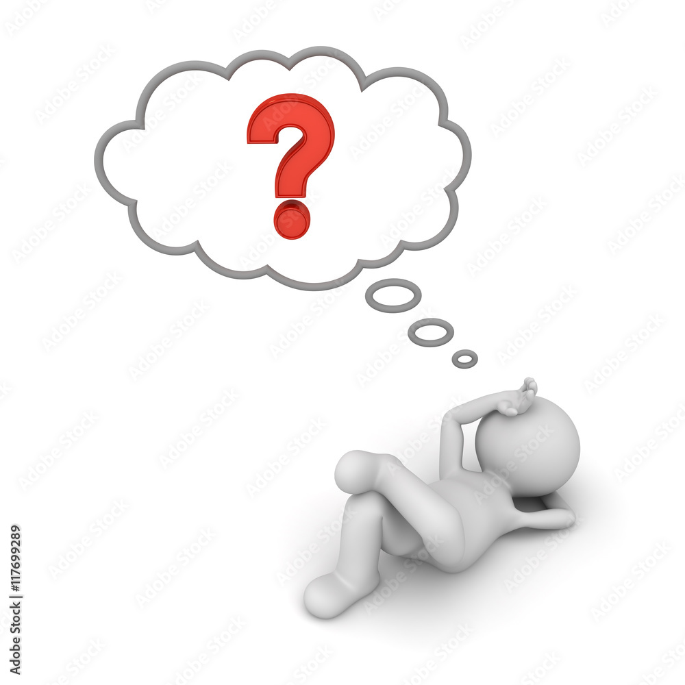 Leinwandbilder 3d man hand on forehead while lying down with red question mark in thinking bubble insomnia concept 