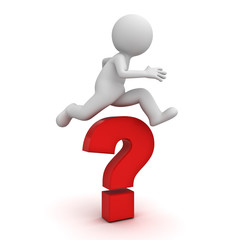 3d man jump over the big red question mark or problem concept isolated over white background with shadow 3D rendering