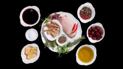 Spanish cuisine Intgridienty to the dish duck breast with pears Grass, Cherry, sea salt, pepper, cherry juice, duck breast