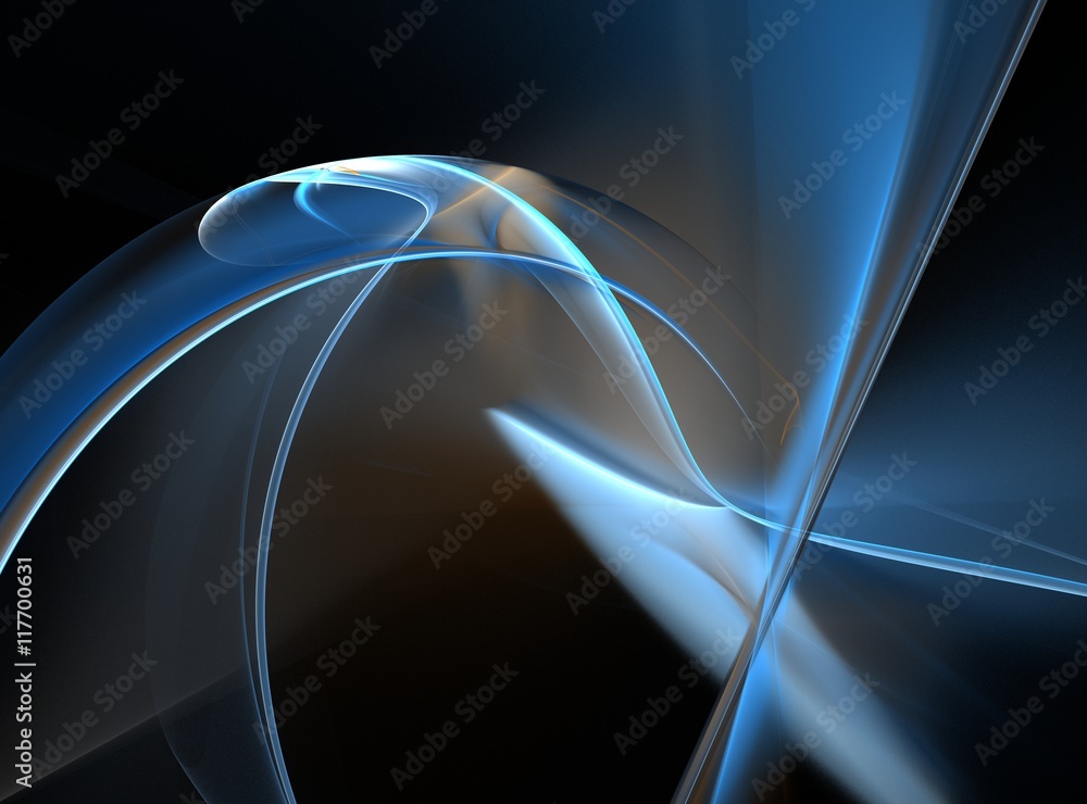 Poster blue abstract fractal with curved lines and waves on a black background
